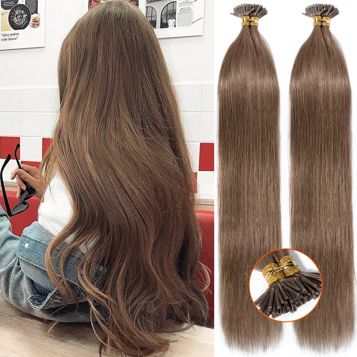 SEGO I Tip Hand-Tied Human Hair Extensions Cold Fusion Off Black 100 Strands Soft Straight Remy Hair Pre Bonded Stick Shoelace Tips