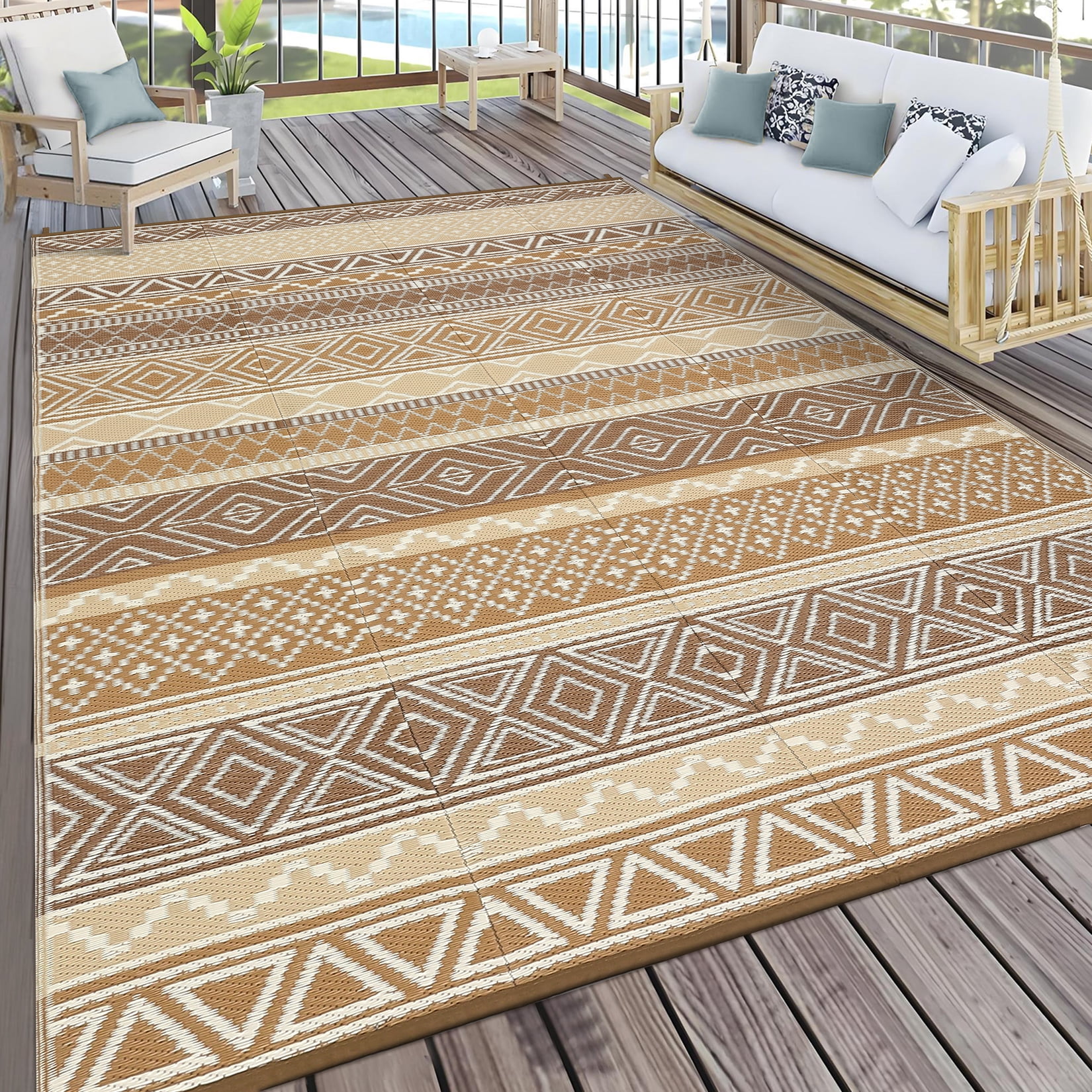 Sunvasagoo Waterproof Reversible Outdoor Rug – Lightweight Portable Patio MWaterproof Reversible Outdoor Rug – Lightweight Portable Patio Mat for Camping, RV, Deck, Porch – UV & mark Resistant