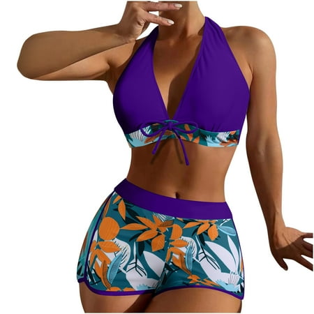 Two Piece Swimsuits for Women Halter Tie Deep V Neck Swimsuit Tummy Control Boyshorts Swimsuit Leaf Print Bathing Suit Clearance Sale Items Cheapeast On Sale