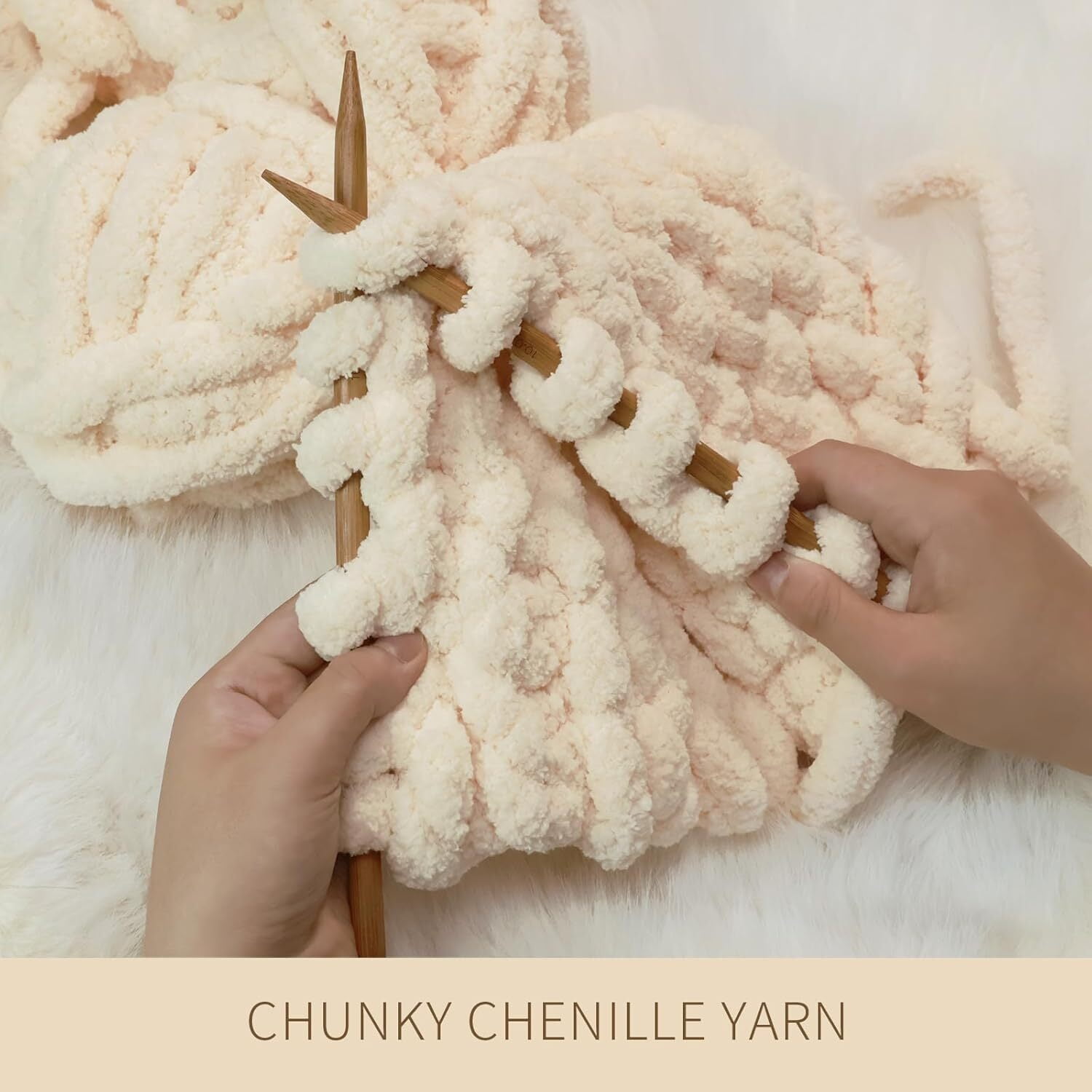 GoXteam 4 Pack Chunky Chenille Yarn for Hand Knitting, Fluffy Soft Big Yarn for Chunky Blanket, Large Thick Arm Knitting Yarn, 27 Yards 25m 8oz 226g Each Skein, Beige
