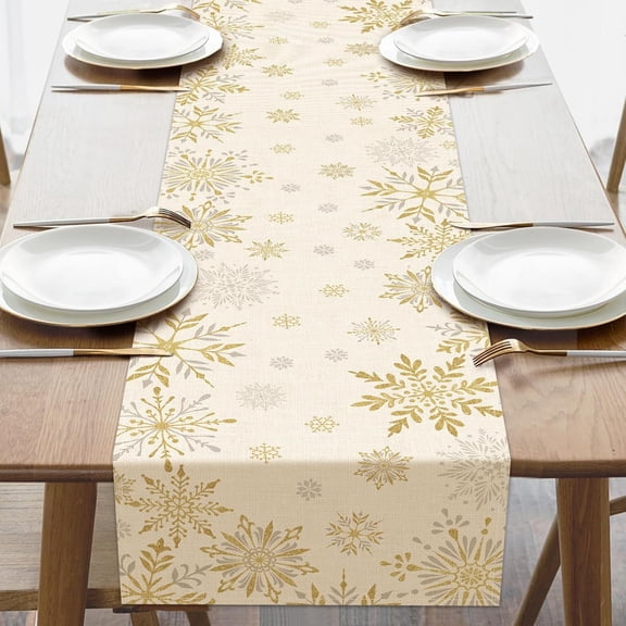 Winter Golden Snowflake Dining Table Runner, Gold Glitter Snow Burlap Kitchen Decoration, Christmas Seasonal Indoor Outdoor Home Decor Party Supply 13.8 x 71 Inches