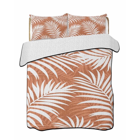 Quilts Twin-XL Size Bedding Set, Palm Leaves Burnt Orange Lightweight Quilted Comforter, Summer Botanical Coastal Tropical Soft Bedspread Coverlet with Pillow Covers for All Season, 68" x 98"