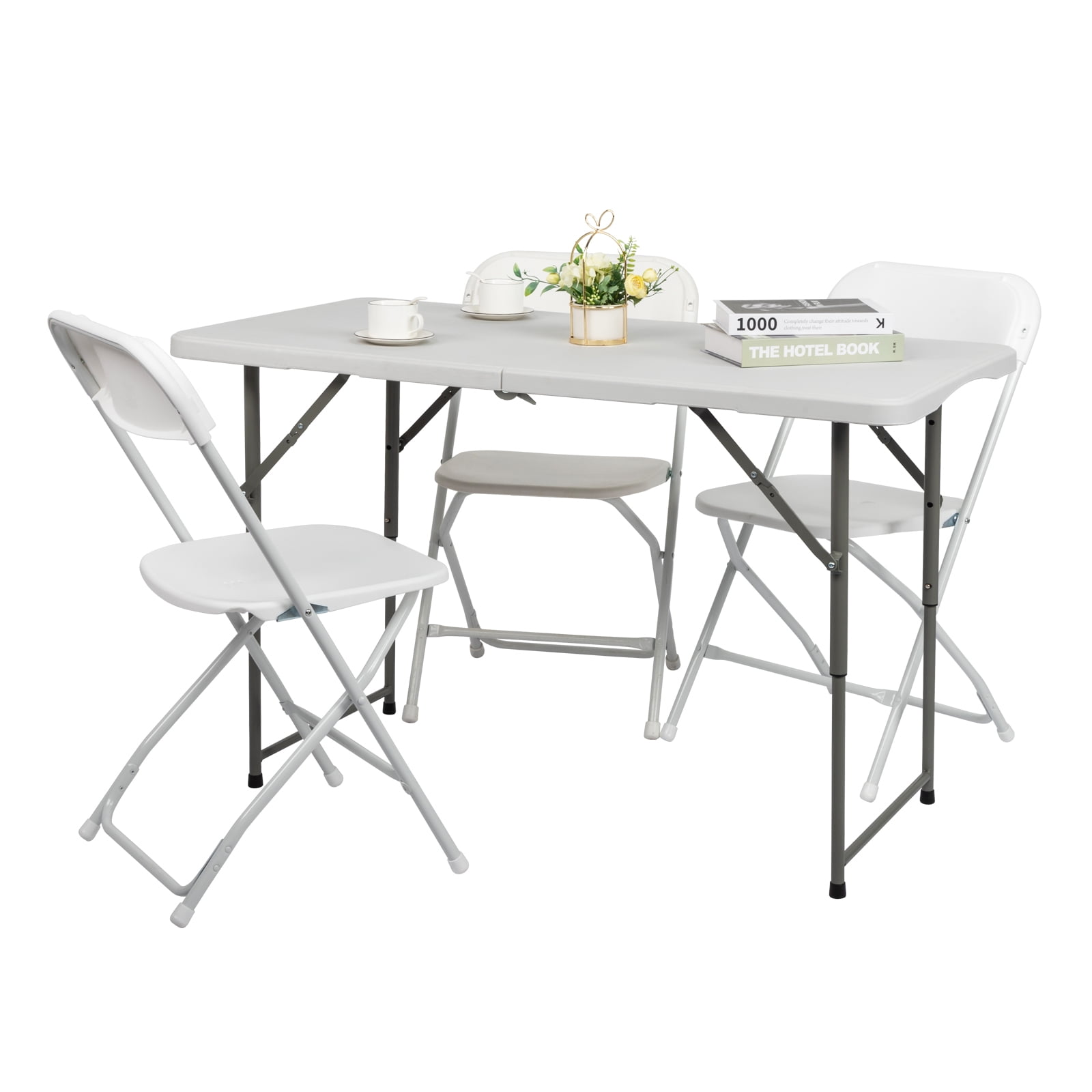 4FT Foldable Liftable HDPE Patio Table Sturdy Steel Legs Adjustable Height Outdoor Garden Space Saving Portable Dining Side Table