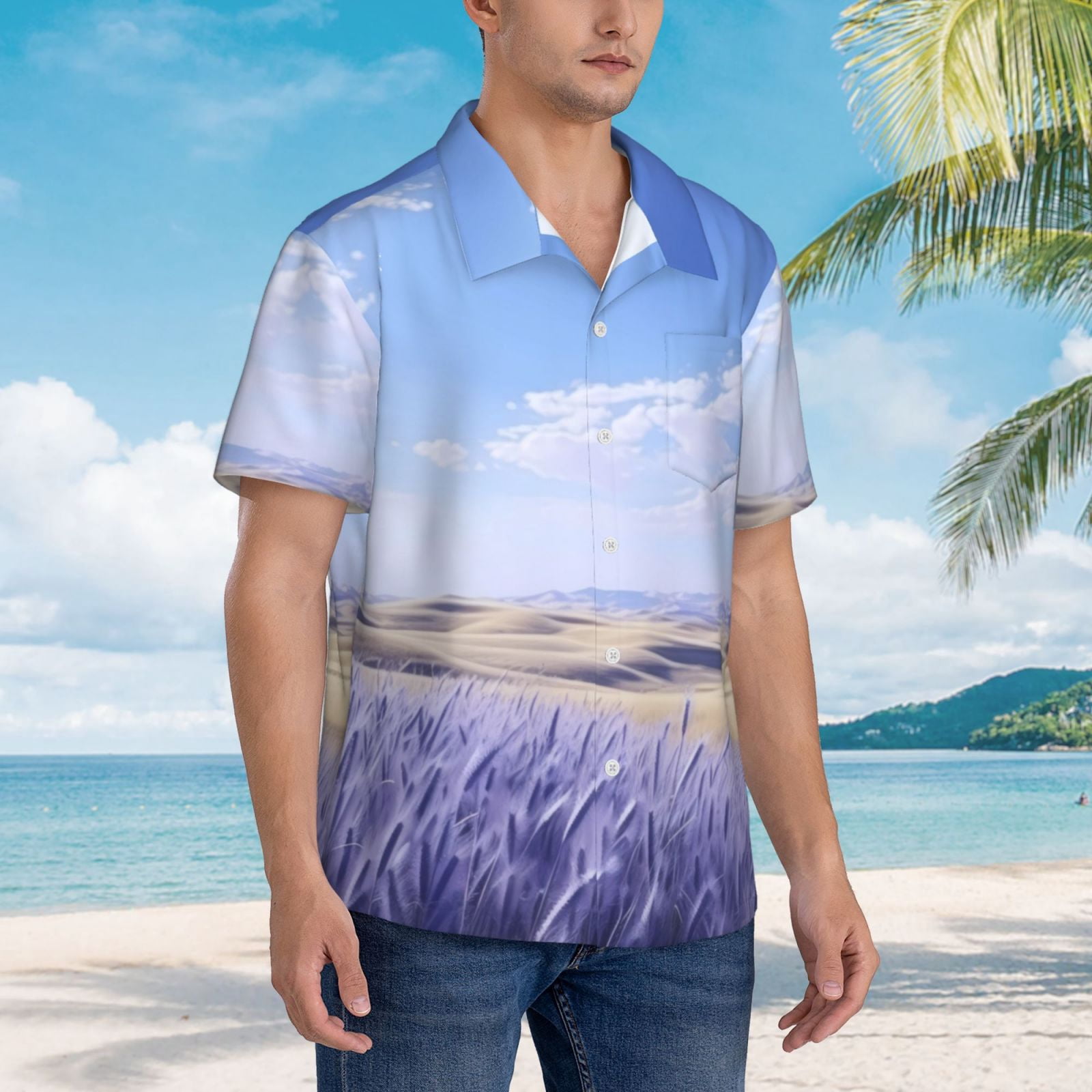 Logiee Lavender Fields Under Blue Sky Print Mens Hawaiian Shirts,Loose-Fit Short Sleeve Button Down Tropical Aloha Beach Shirt,Summer Vacation Wedding Tops,Medium