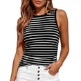 thumbnail image 2 of Striped Ribbed Tank Top for Women, Sleeveless Round Neck Fitted Camisole - Summer Stretchy Casual Tee for Beach & Daily Wear Black L, 2 of 5