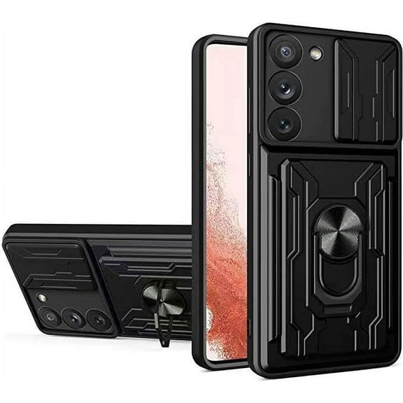 Compatible with Samsung Galaxy S23 Plus Case,Military Camera Sliding Window Removable Card Slot Flip Bracket Anti-Drop Protection Cover for Samsung Galaxy S23 Plus 5G 6.6 inch-Black
