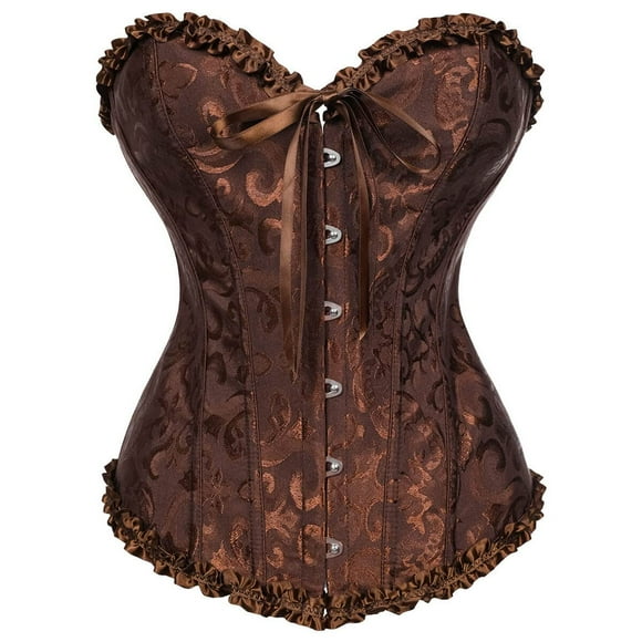 SHYMMUO Women's Lacing Corset Top Satin Floral Boned Overbust Body Shaper Bustier Brown XL