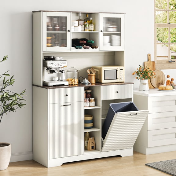 Blotout 47" Wide Kitchen Pantry Storage Cabinet with Charging Station & Microwave Stand, Tall Fluted Kitchen Hutch Cabinet, Double Tilt Out Trash Can Cabinet 10X2 Gallon