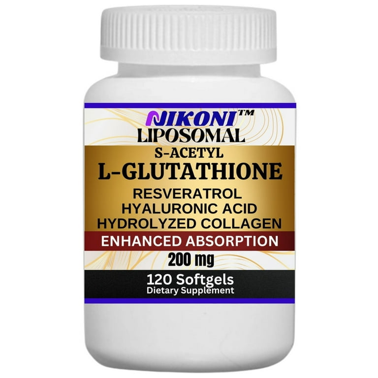 liposomal s-acetyl glutathione Nikoni S-Acetyl L-Glutathione with Resveratrol Hyaluronic Acid & Collagen  Dietary Supplement Antioxidant Support Softgels 120 Count