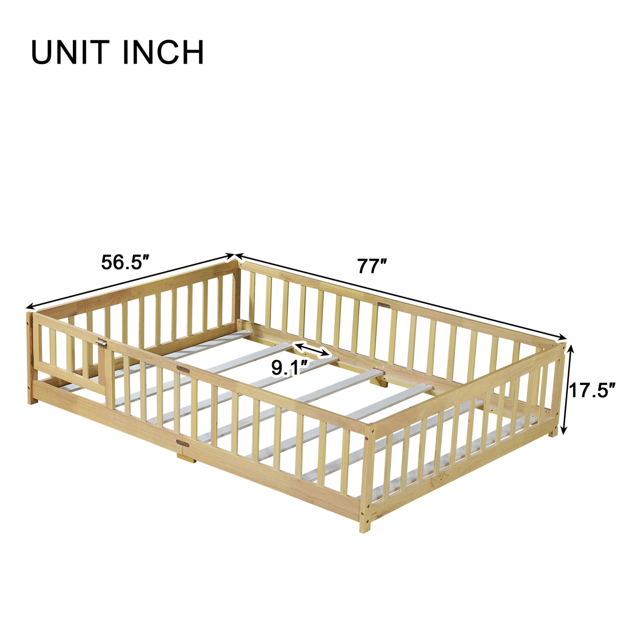 Noble House Corvel Full Size Rubber Wooden Floor Bed with Safety Guardrails & Latching Fence Door, Natural
