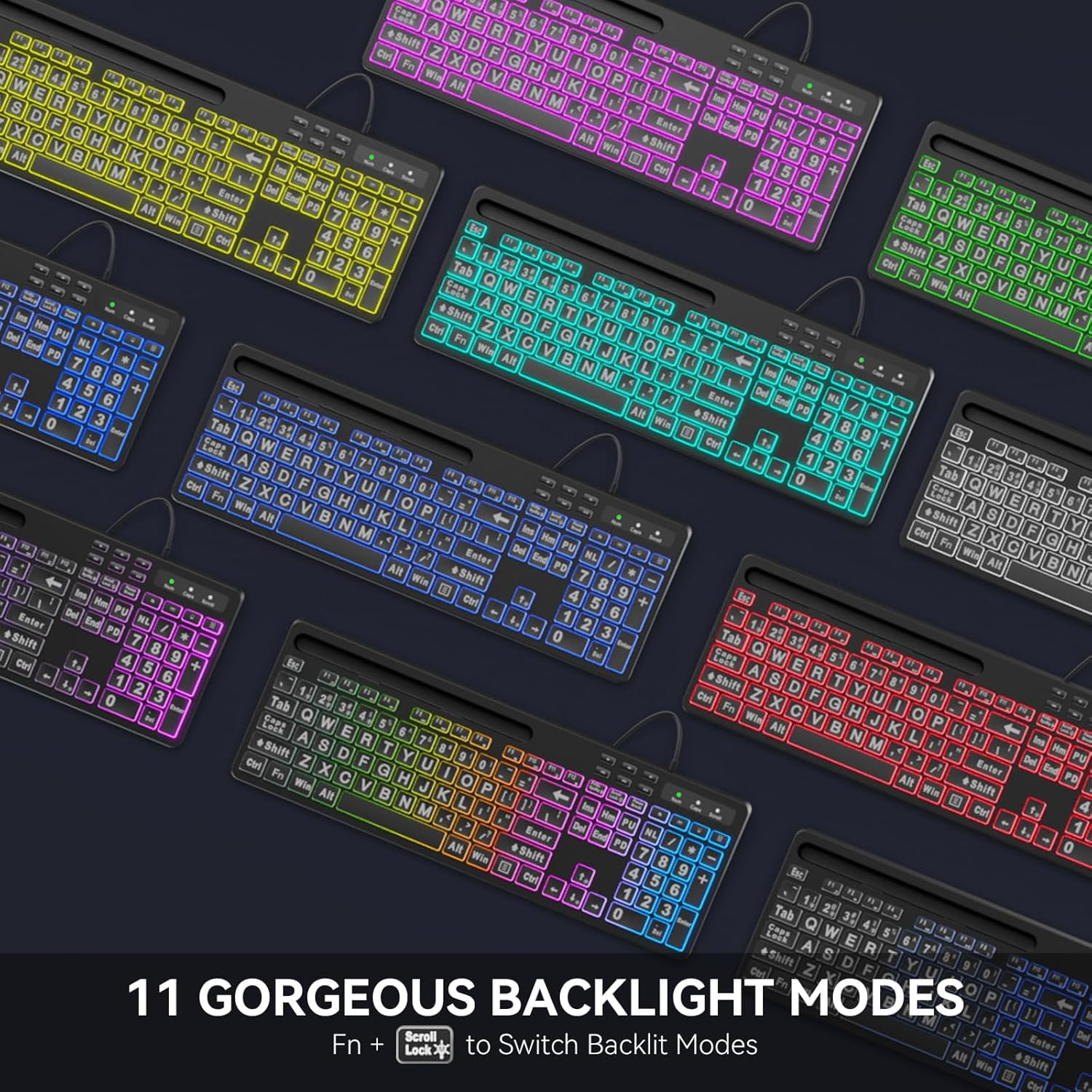 Large Print Backlit Keyboard, WK712 Wired Computer Keyboards with 7 Colors & 11 Modes Backlight, Tablet Phone Holder and Quiet Light Up Keys, Full-Size Gaming Keyboard for Windows, Mac