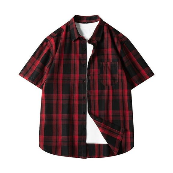 Men's Vintage Plaid Button Down Shirt Color Block Short Sleeve Shirts Summer Business Loose Dress Shirt with Pocket