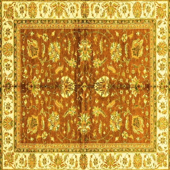 Ahgly Company Machine Washable Indoor Square Oriental Yellow Traditional Area Rugs, 5' Square