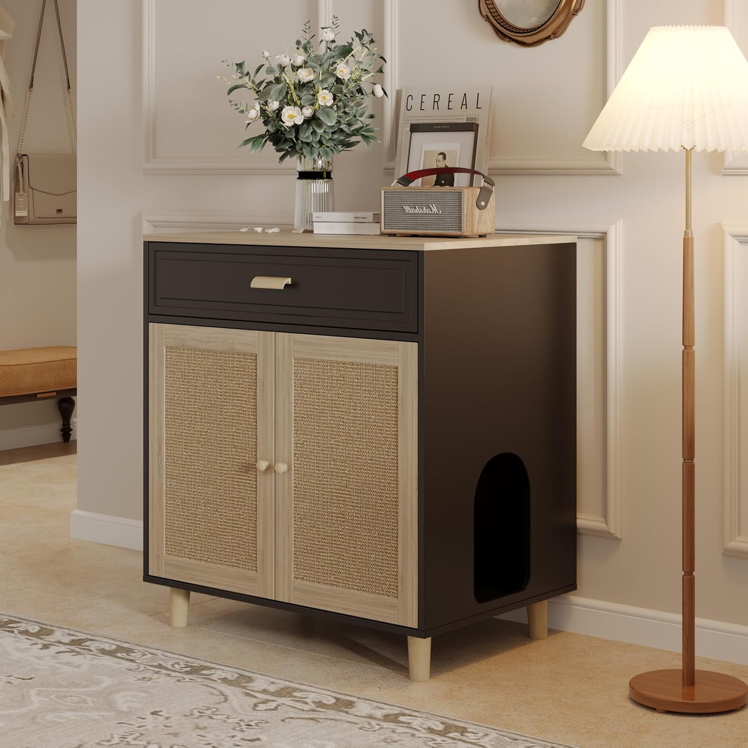 Cat Litter Box Enclosure Furniture Hidden - Indoor 2-in-1 Wooden Cat House & Washroom Cabinet with Scratching Board Doors and Drawer 31.5”x21.6”x34.6” Black