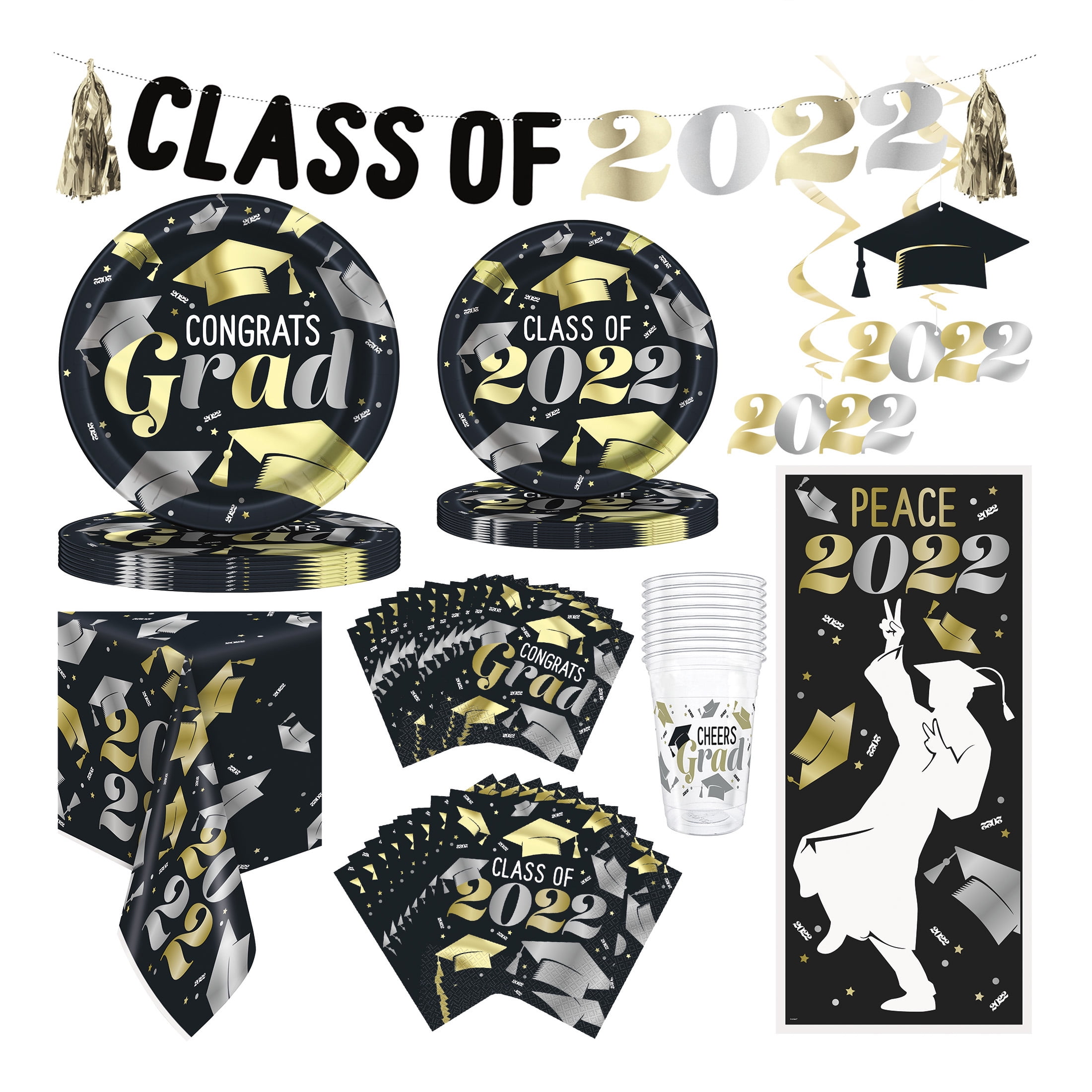 Gold & Silver 2022 Graduation Party Tableware and Decoration Kit for 16 Guests