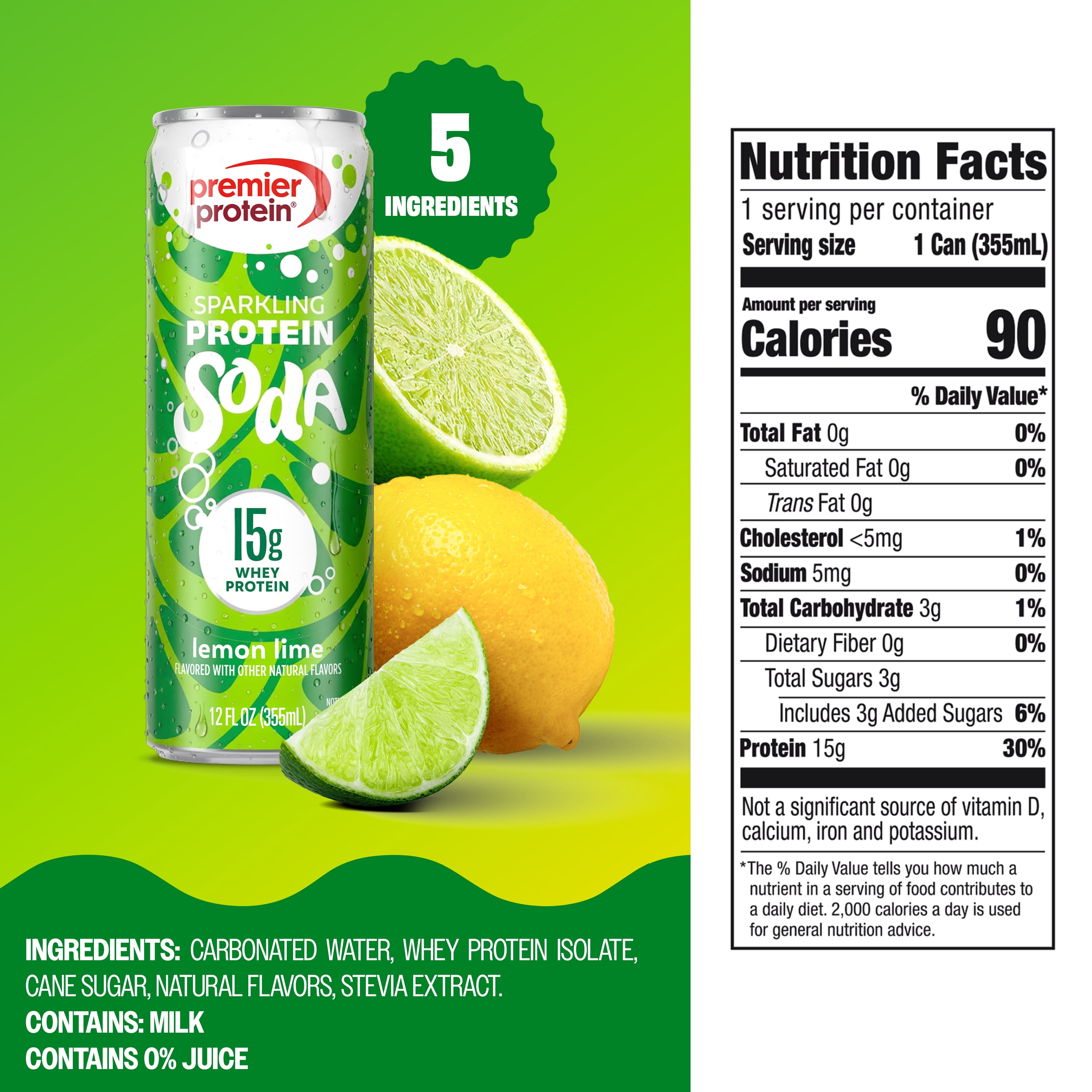 Premier Protein, Sparkling Protein Soda, 15g Protein, Lemon Lime, 12 Fl Oz, 4 Ct