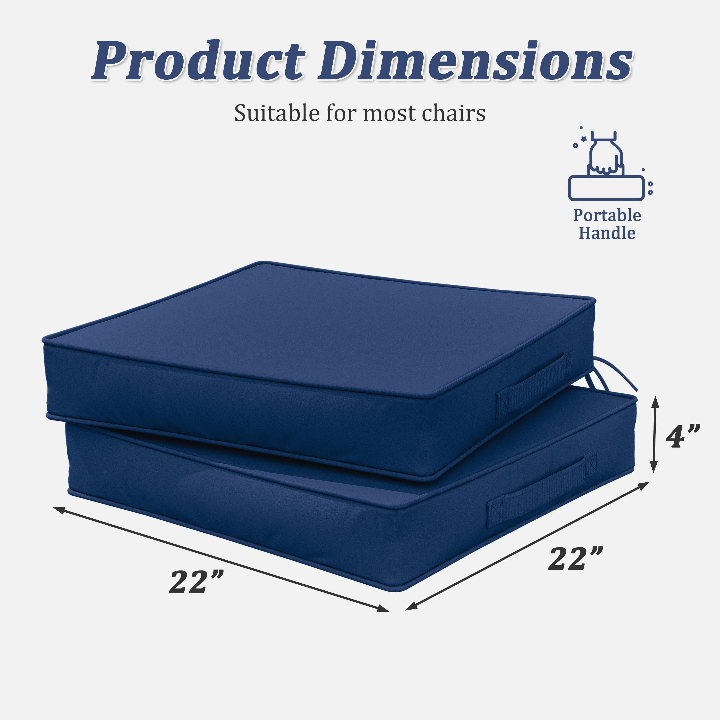Pakunoda Outdoor Chair Cushions 22 X 22 X 4 Inch, 2-Piece Patio Seat Pad Cushions, Waterproof Outdoor Seat Cushions Square Corner with Handle and Ties, Blue