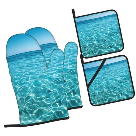 

Haiem Crystal Clear Ocean Waves Print Extra Long Oven Mitts and Pot Holders 4pc Sets: Heat Resistant Silicone Oven Mittens with Mini Oven Gloves and Hot Pads Potholders