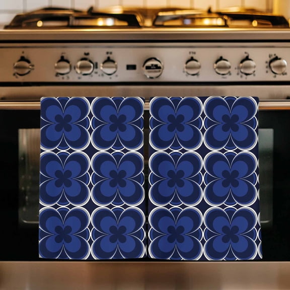 Navy Blue Boho Kitchen Towels Set of 2, Farmhouse Abstract Floral Aesthetic Absorbent Dish Towels for Kitchen, Microfiber Hand Towel, Quick Drying Tea Towel for Cleaning Decorative Dishcloths