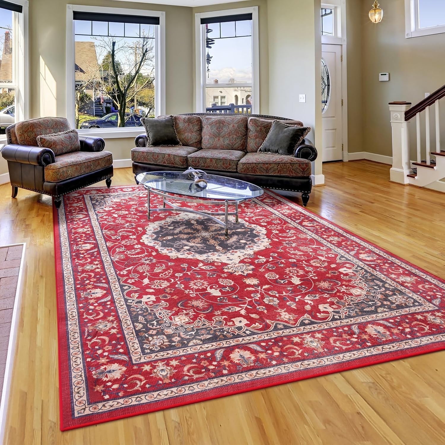 Jamfeel Area Rugs Vintage Floral Printed Washable Non-slip Carpets Foldable Thin Low Pile Rug for Living Room Bedroom 4'x6' Red