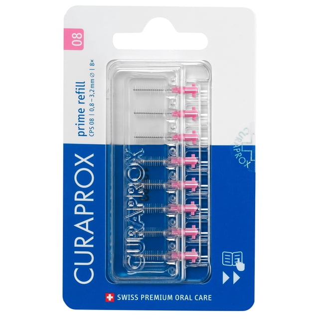 Curaprox Prime CPS 08 Pink - 8 Refill Pack Interdental Brush - Flosser Cleaning Brush for All Ages