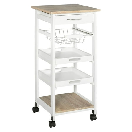 SAZYY White Rolling Kitchen Cart, Mobile Prep Station with Drawer, Shelves & Basket, Kitchen Trolley on Wheels