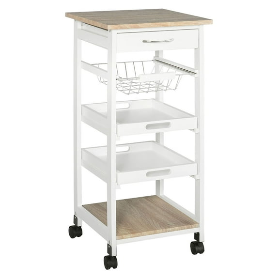 SAZYY White Rolling Kitchen Cart, Mobile Prep Station with Drawer, Shelves & Basket, Kitchen Trolley on Wheels