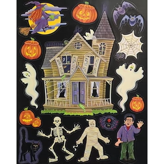 PMU Halloween Decorations (1 Sheet) Halloween Window Clings, Haunted House Clings 12in x 17in Wall Decal Floor Clings, Scary Halloween Decoration Window Stickers