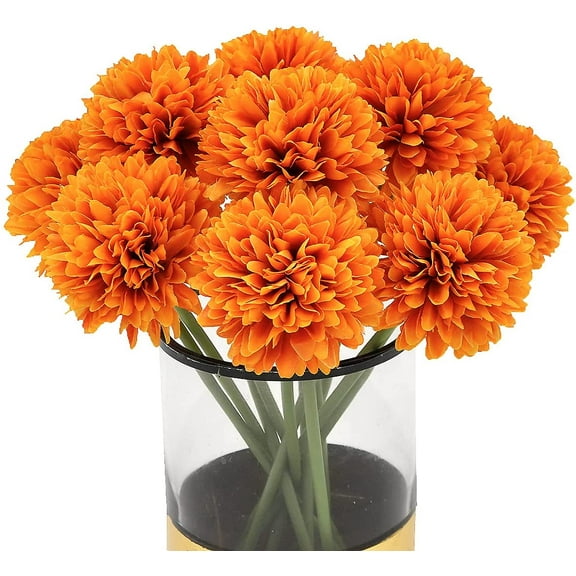 10Pcs Artificial Fake Flower Plants Silk Chrysanthemum Ball Hydrangea Arrangements Wedding Bouquets Decor Home Kitchen Garden Party Table Floral Centerpieces DIY (Orange)