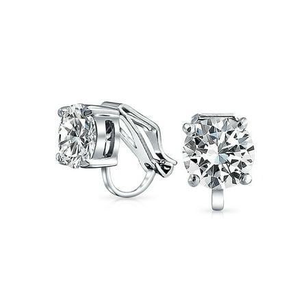 2CT Brilliant Cut Solitaire Round Cubic Zirconia CZ Clip On Stud Earrings For Women Non Piercing Silver Plated Brass