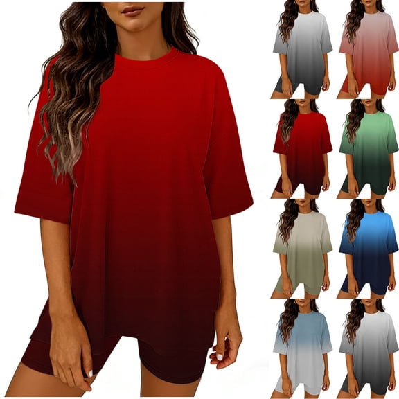 Feancey Fashion Workout Sets for Women Gradient Color Summer Outfits Short Sleeve Oversized T-Shirts and Boy Shorts Lounge 2 Piece Set Wine XL