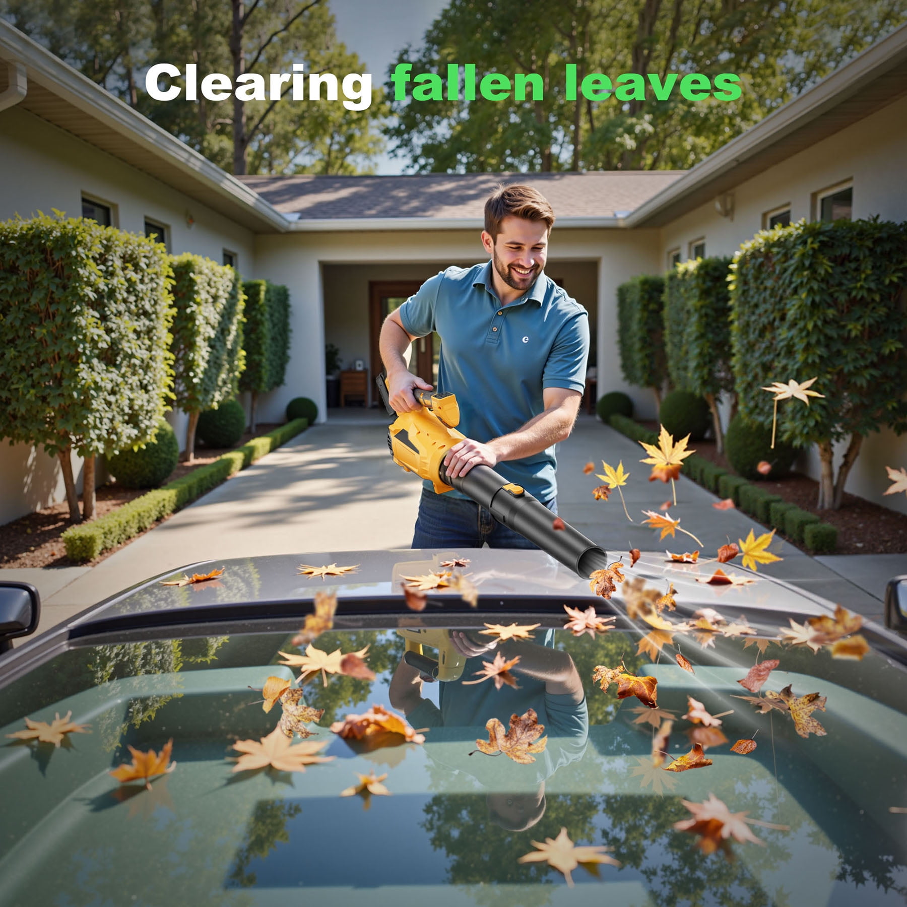 Powerful Cordless Leaf Blower In Yellow With Adjustable 5 Speed Settings And 650CFM Airflow For Yard Cleaning