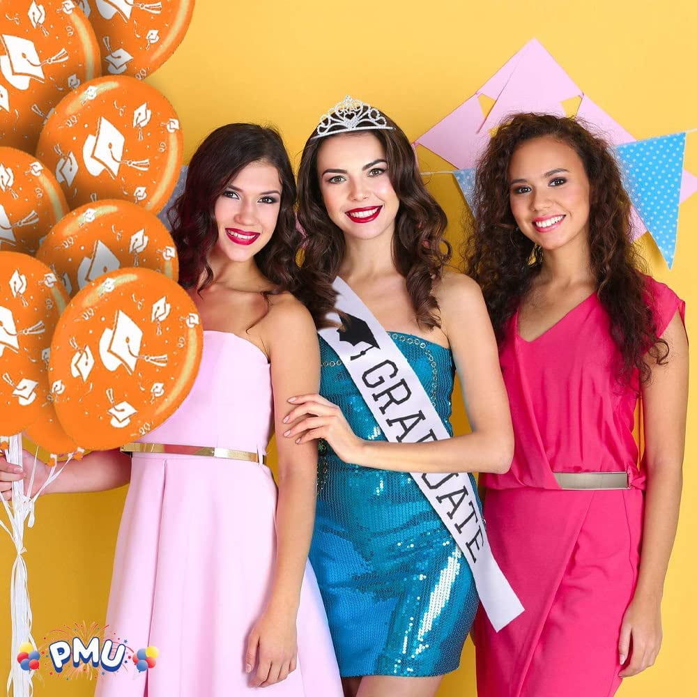 PMU 100 Pcs Graduation Balloons PartyTex 11 inch Premium Orange with All-Over Print White Grad Caps-Confetti and Streamers Graduation Party Decorations