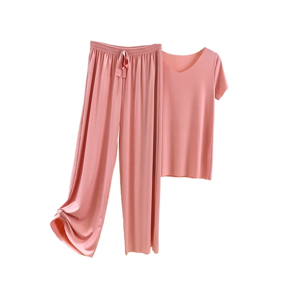 Sonducket Women Ice Silk Pajama Set Soft Two Comfortable Waist T-Shirt Cotton Loungewear Pieces Elastic Pants Loose V-neck Type2 NO2