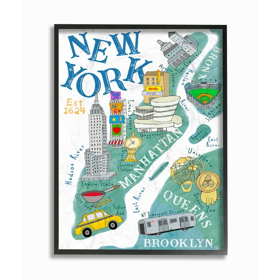 The Stupell Home Decor New York Landmarks and Taxis Illustrated Map Framed Texturized Art