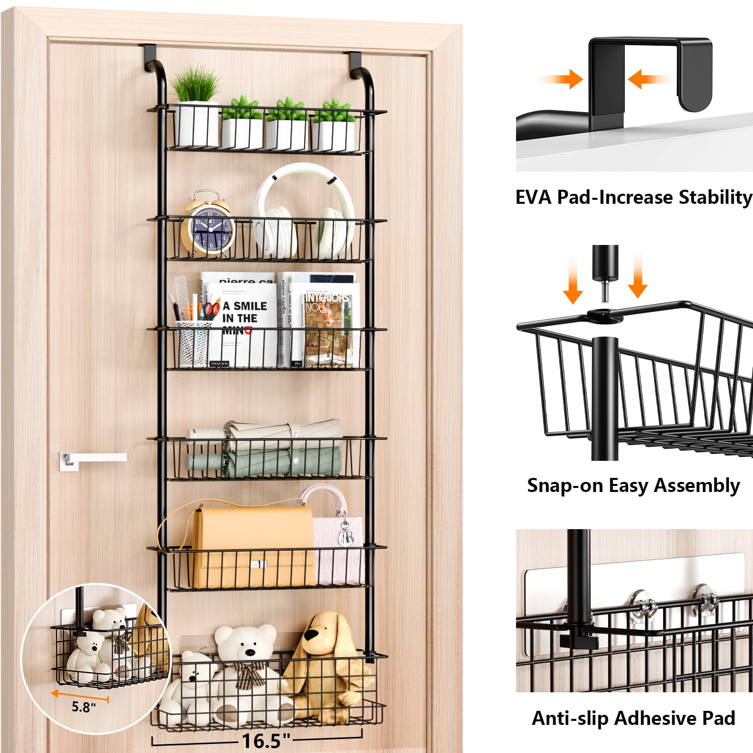 FOUKUS Over the Door Pantry Organizer: 6 Tier Stainless Steel Kitchen Organizers and Storage, Hanging Spice Rack, Easy to Install - Black