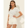 thumbnail image 2 of Blusa Corta con cintura fruncida y manga Corta con Volantes y lunares Allegra K Beige M, 2 of 5