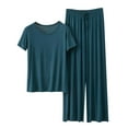 thumbnail image 3 of Sentmoon 2 Pcs Pyjama pour Femmes Col Rond Ensemble de Pyjama pour Femme Manches Courtes Ample Extensible Couleur Unie Ensembles de Vêtements de Détente pour Femmes Stylés pour des Nuits Douillettes en Vert TTG, 3 of 4