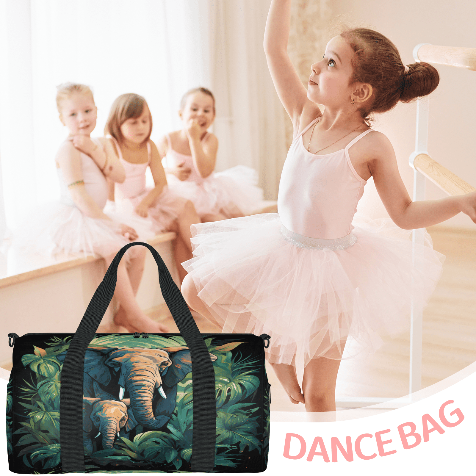 Herdesigns Jungle Elephant Gym Bag for Women, Duffle Bag for Travel Sport, Lightweight Waterproof Carry on Weekender Overnight Dance Yoga Workout Bags