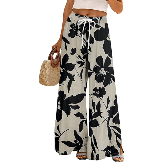 WTOBBY Women's Summer Floral Print Wide Leg Palazzo Pants with High Waist Elastic Drawstring Side Pockets and Casual Design for Everyday Wear ,Black L