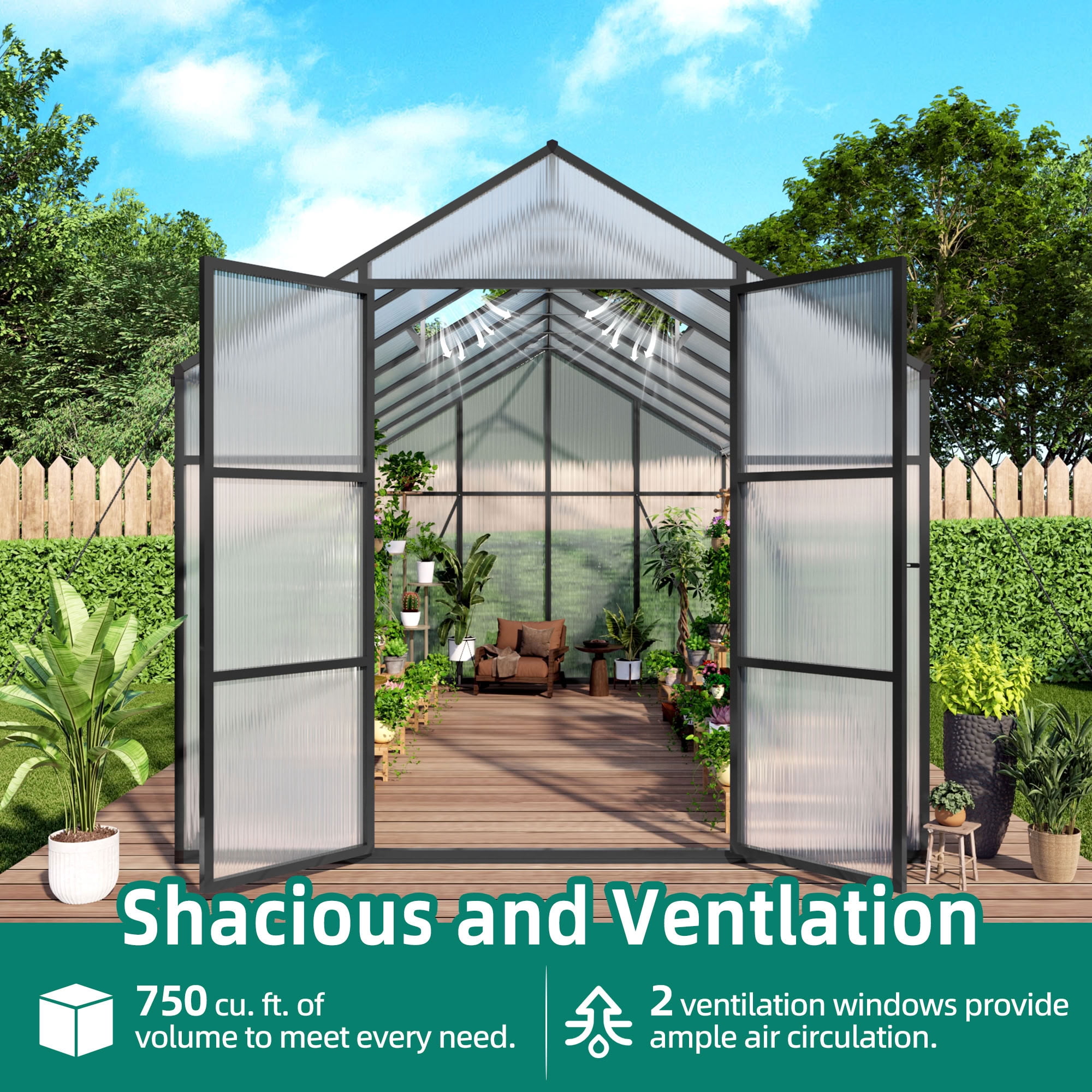 MAYEERTY 8x14 FT Walk-in Greenhouse with Raised Base & Anchors, All-Season Windproof Greenhouse with Drainage System for Backyard, Garden & Patio