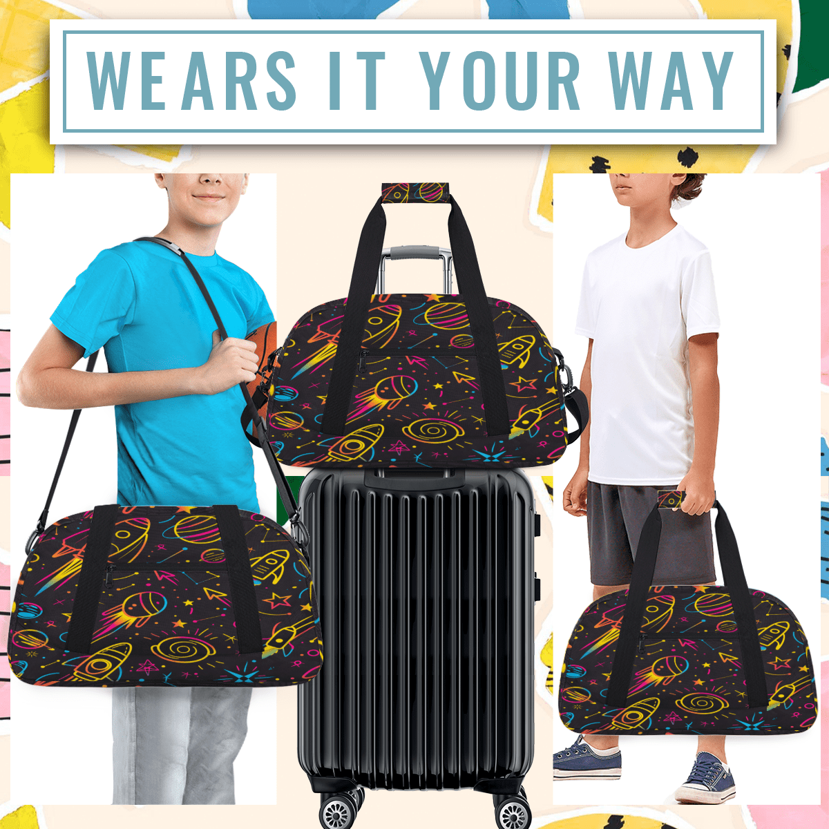 Herdesigns Rocket Planets Sports Duffle Bag for Women & Men, Outer Space Gym Bag Dance Bag Overnight Bag Carry On Weekender Travel Bag