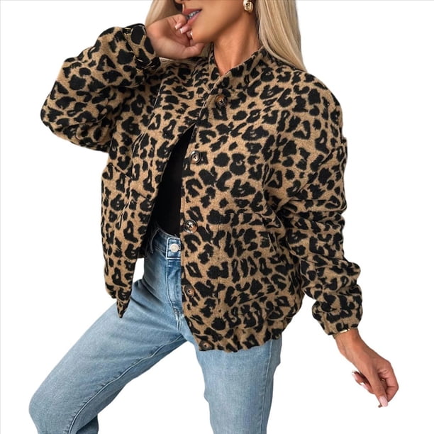 Abrigo de Lana con Estampado de Leopardo para Mujer, Chaqueta con Cuello Alto y Botones, con Bolsillos Estampado de Leopardo M