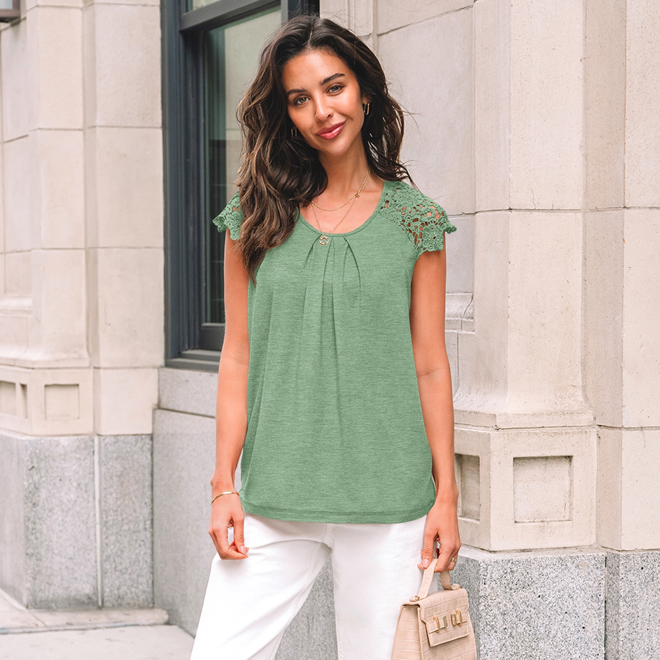 SUNBS Blouses for Women Lace Tops Pleated Short Sleeve Shirts Summer Business Casual Dressy Clothes