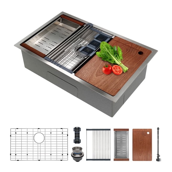 30 Inch Undermount Kitchen Sink Superior Drain Kitchen Sinks 11 Gauge (3mm) Stainless Steel, Single Bowl Integrated Ledge Multifunctional Workstation Set