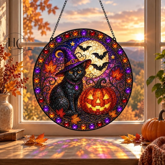 Faux Stained Glass Window Hanging Suncatcher, Black Cat Witch Pumpkin Moon for Halloween Lovers