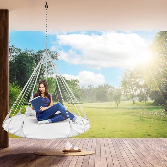 56" Stylish Hanging Swing Nest - Premium Cotton Double Hammock Daybed Saucer Style Lounger Swing Chair- 264lbs Sturdy Spinner Tree w/Pillow - Easy Setup - for Indoor/Outdoor, Travel - White