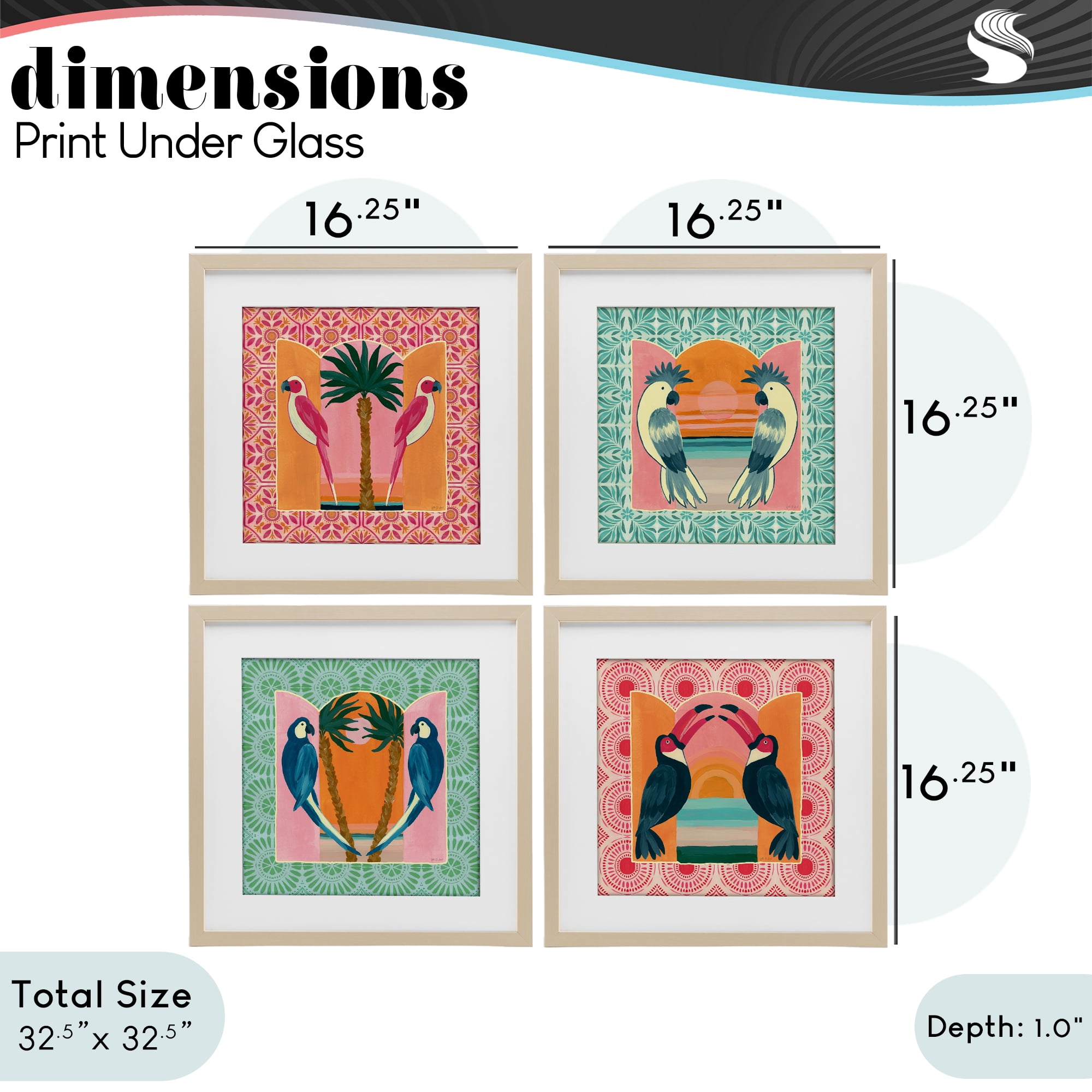Stupell Industries Patterned Twin Bird Symmetry 4 Piece Birch Framed Print Under Glass Set, design by Yvette St. Amant