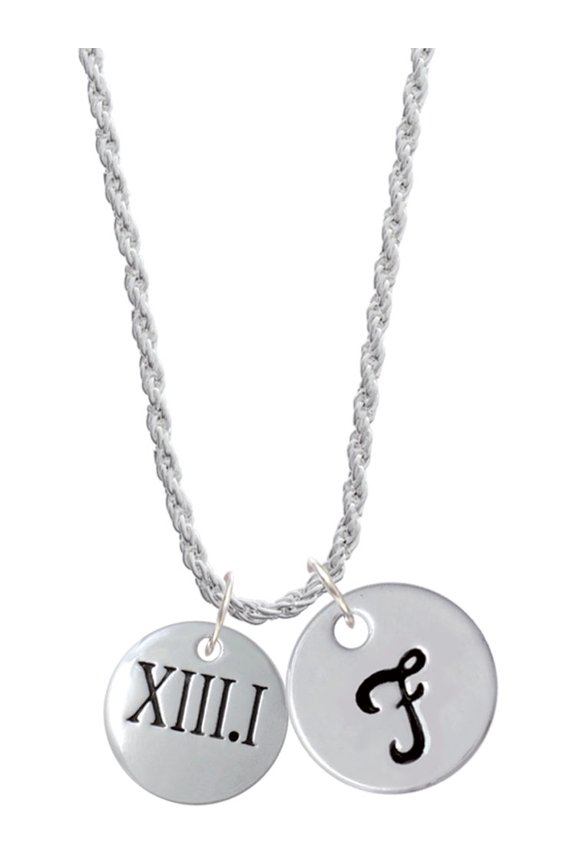 Silvertone Half Marathon Roman Numeral Silvertone Script Initial Disc - F - Charm Necklace, 20"+3"