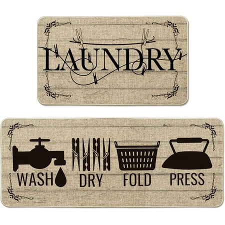 

Laundry Wash Dry Fold Press Decorative Kitchen Mats Set of 2 Home Party Low-Profile Kitchen Rugs - 17x29 and 17x47 Inch